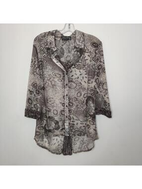 Tango Mango Abstract Mesh Button-Up Tunic Women's XL Sheer Y2K Lightweight